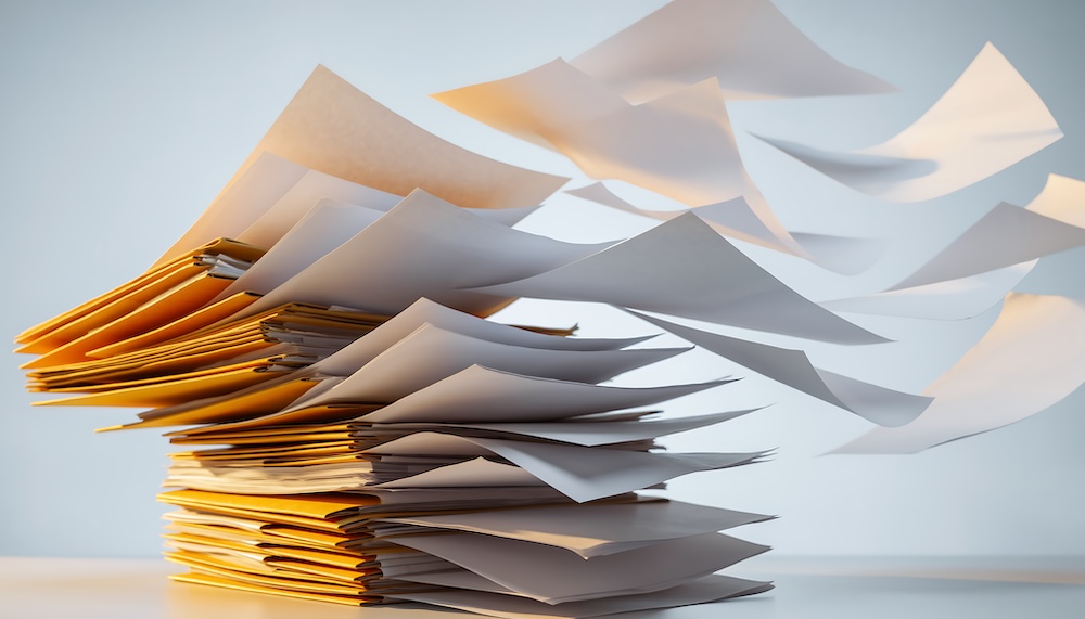 Dynamic scene of numerous papers flying and stacked on folders, illustrating the intense flow of administrative tasks and the challenges of organization in a bustling office environment