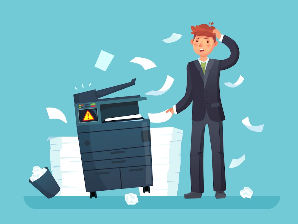Printer broken. Confused business worker broke copier, office copy machine and lot of paper documents. Broken error equipment and unhappy man cartoon vector illustration