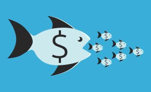 Big fish with dollar sign eating many small ones. Cannibalization, competition, merger, business, monopoly concept. 