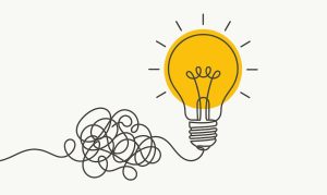 scribbled line connected to lightbulb. concept, starting out with problem, leading to solution.