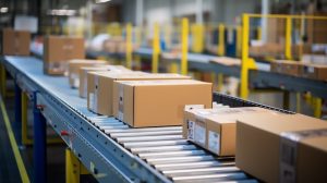 Closeup of multiple cardboard box packages seamlessly moving along a conveyor belt in a warehouse fulfillment center, a snapshot of e-commerce, delivery, automation, and products. Generative ai 