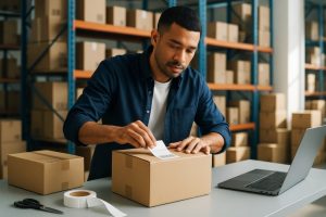 Warehouse employee applying a barcode shipping label to a package before shipment.